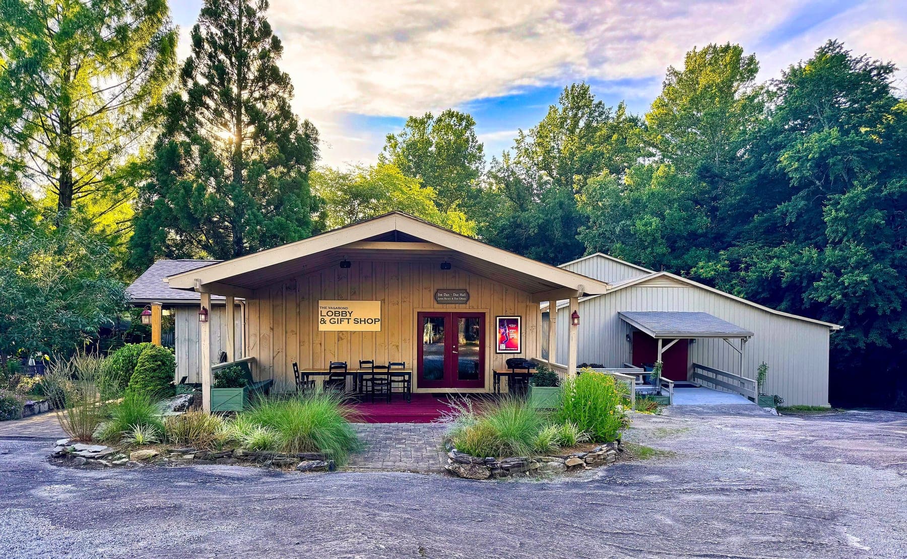 The timber-framed entrance and gift shop of Flat Rock Playhouse, the State Theatre of North Carolina, in Flat Rock
